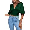 imageLYANER Womens Satin Deep V Neck Ruched Blouse Shirred Back Batwing Short Sleeve Crop TopDark Green