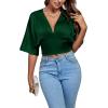 imageLYANER Womens Satin Deep V Neck Ruched Blouse Shirred Back Batwing Short Sleeve Crop TopDark Green