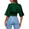 imageLYANER Womens Satin Deep V Neck Ruched Blouse Shirred Back Batwing Short Sleeve Crop TopDark Green