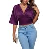 imageLYANER Womens Satin Deep V Neck Ruched Blouse Shirred Back Batwing Short Sleeve Crop TopDark Purple