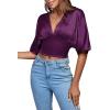 imageLYANER Womens Satin Deep V Neck Ruched Blouse Shirred Back Batwing Short Sleeve Crop TopDark Purple