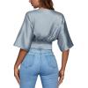 imageLYANER Womens Satin Deep V Neck Ruched Blouse Shirred Back Batwing Short Sleeve Crop TopDusty Blue
