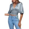 imageLYANER Womens Satin Deep V Neck Ruched Blouse Shirred Back Batwing Short Sleeve Crop TopDusty Blue
