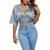 imageLYANER Womens Satin Deep V Neck Ruched Blouse Shirred Back Batwing Short Sleeve Crop TopDusty Blue