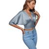 imageLYANER Womens Satin Deep V Neck Ruched Blouse Shirred Back Batwing Short Sleeve Crop TopDusty Blue