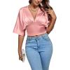 imageLYANER Womens Satin Deep V Neck Ruched Blouse Shirred Back Batwing Short Sleeve Crop TopDusty Pink