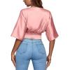 imageLYANER Womens Satin Deep V Neck Ruched Blouse Shirred Back Batwing Short Sleeve Crop TopDusty Pink