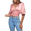 imageLYANER Womens Satin Deep V Neck Ruched Blouse Shirred Back Batwing Short Sleeve Crop TopDusty Pink