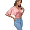 imageLYANER Womens Satin Deep V Neck Ruched Blouse Shirred Back Batwing Short Sleeve Crop TopDusty Pink