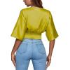 imageLYANER Womens Satin Deep V Neck Ruched Blouse Shirred Back Batwing Short Sleeve Crop TopKiwi
