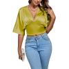 imageLYANER Womens Satin Deep V Neck Ruched Blouse Shirred Back Batwing Short Sleeve Crop TopKiwi