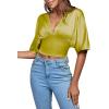 imageLYANER Womens Satin Deep V Neck Ruched Blouse Shirred Back Batwing Short Sleeve Crop TopKiwi