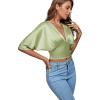 imageLYANER Womens Satin Deep V Neck Ruched Blouse Shirred Back Batwing Short Sleeve Crop TopLight Green