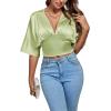 imageLYANER Womens Satin Deep V Neck Ruched Blouse Shirred Back Batwing Short Sleeve Crop TopLight Green
