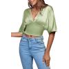 imageLYANER Womens Satin Deep V Neck Ruched Blouse Shirred Back Batwing Short Sleeve Crop TopLight Green