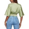 imageLYANER Womens Satin Deep V Neck Ruched Blouse Shirred Back Batwing Short Sleeve Crop TopLight Green
