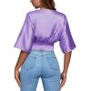 imageLYANER Womens Satin Deep V Neck Ruched Blouse Shirred Back Batwing Short Sleeve Crop TopLight Purple