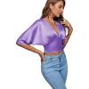 imageLYANER Womens Satin Deep V Neck Ruched Blouse Shirred Back Batwing Short Sleeve Crop TopLight Purple