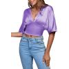 imageLYANER Womens Satin Deep V Neck Ruched Blouse Shirred Back Batwing Short Sleeve Crop TopLight Purple