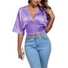 imageLYANER Womens Satin Deep V Neck Ruched Blouse Shirred Back Batwing Short Sleeve Crop TopLight Purple