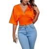imageLYANER Womens Satin Deep V Neck Ruched Blouse Shirred Back Batwing Short Sleeve Crop TopOrange