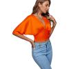imageLYANER Womens Satin Deep V Neck Ruched Blouse Shirred Back Batwing Short Sleeve Crop TopOrange