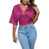 imageLYANER Womens Satin Deep V Neck Ruched Blouse Shirred Back Batwing Short Sleeve Crop TopPurplish Red