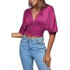 imageLYANER Womens Satin Deep V Neck Ruched Blouse Shirred Back Batwing Short Sleeve Crop TopPurplish Red