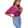 imageLYANER Womens Satin Deep V Neck Ruched Blouse Shirred Back Batwing Short Sleeve Crop TopPurplish Red