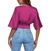 imageLYANER Womens Satin Deep V Neck Ruched Blouse Shirred Back Batwing Short Sleeve Crop TopPurplish Red