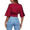 imageLYANER Womens Satin Deep V Neck Ruched Blouse Shirred Back Batwing Short Sleeve Crop TopRed