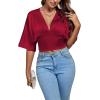 imageLYANER Womens Satin Deep V Neck Ruched Blouse Shirred Back Batwing Short Sleeve Crop TopRed