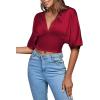 imageLYANER Womens Satin Deep V Neck Ruched Blouse Shirred Back Batwing Short Sleeve Crop TopRed