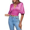 imageLYANER Womens Satin Deep V Neck Ruched Blouse Shirred Back Batwing Short Sleeve Crop TopRose