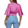 imageLYANER Womens Satin Deep V Neck Ruched Blouse Shirred Back Batwing Short Sleeve Crop TopRose