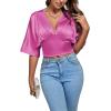 imageLYANER Womens Satin Deep V Neck Ruched Blouse Shirred Back Batwing Short Sleeve Crop TopRose