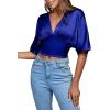 imageLYANER Womens Satin Deep V Neck Ruched Blouse Shirred Back Batwing Short Sleeve Crop TopSolid Royal Blue