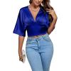 imageLYANER Womens Satin Deep V Neck Ruched Blouse Shirred Back Batwing Short Sleeve Crop TopSolid Royal Blue