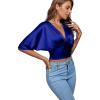 imageLYANER Womens Satin Deep V Neck Ruched Blouse Shirred Back Batwing Short Sleeve Crop TopSolid Royal Blue
