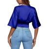 imageLYANER Womens Satin Deep V Neck Ruched Blouse Shirred Back Batwing Short Sleeve Crop TopSolid Royal Blue