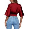 imageLYANER Womens Satin Deep V Neck Ruched Blouse Shirred Back Batwing Short Sleeve Crop TopWine Red