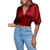 imageLYANER Womens Satin Deep V Neck Ruched Blouse Shirred Back Batwing Short Sleeve Crop TopWine Red