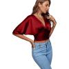 imageLYANER Womens Satin Deep V Neck Ruched Blouse Shirred Back Batwing Short Sleeve Crop TopWine Red