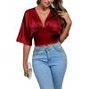 imageLYANER Womens Satin Deep V Neck Ruched Blouse Shirred Back Batwing Short Sleeve Crop TopWine Red