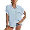 imageLYANER Womens Casual Collared Rolled Up Cap Sleeves Button Down Work Blouse Shirt TopsBlue