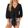 imageLYANER Womens Casual V Neck Tops 34 Sleeve Tie Knot Blouses Solid Button Down Summer ShirtsBlack