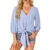 imageLYANER Womens Casual V Neck Tops 34 Sleeve Tie Knot Blouses Solid Button Down Summer ShirtsLight Blue