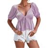imageLYANER Womens Satin Deep V Neck Puff Short Sleeve Tie Front Ruffle Hem Blouse Crop Peplum TopLight Purple