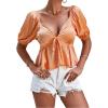imageLYANER Womens Satin Deep V Neck Puff Short Sleeve Tie Front Ruffle Hem Blouse Crop Peplum TopOrange