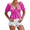 imageLYANER Womens Satin Deep V Neck Puff Short Sleeve Tie Front Ruffle Hem Blouse Crop Peplum TopRose Red